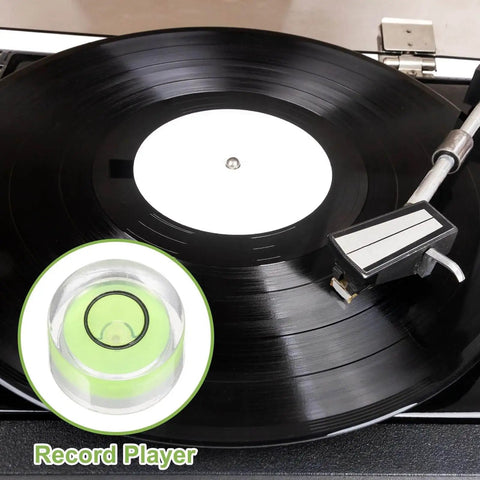 Record player with ten pieces of round bubble levels in green for precise, quick leveling; durable PMMA and ABS casing visible in inset.