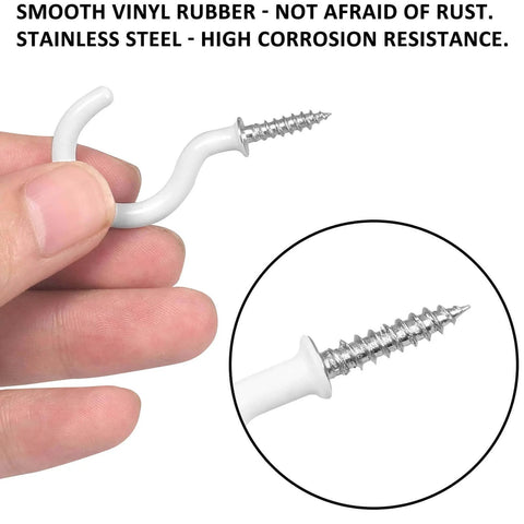 Hand holding a white screw hook with vinyl rubber coating and stainless steel screw, emphasizing rust and corrosion resistance.