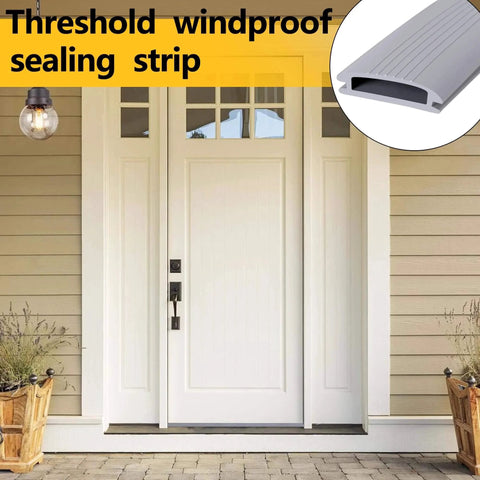 Front door with cuttable threshold seal strip for door weather stripping, includes close-up of 39 inch vinyl replacement insert.
