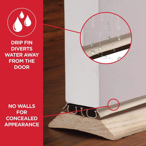 Vinyl Concealed Kerf/Channel Fit Under Door Seal, Easy-to-Install Draft Stopper shown with drip fin diverting water, 36 Inch, Beige.