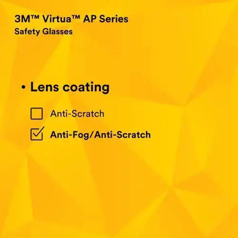 Infographic of Virtua AP Safety Glasses ANSI Z87 Anti Fog Anti Scratch Gray Lens Side Shields highlighting anti-fog coating feature.