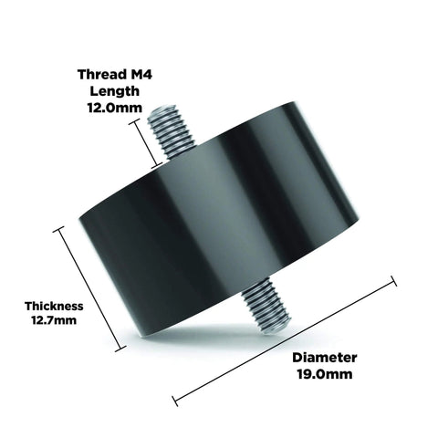 Side view of Sorbothane Male To Male Vibration Stud Mount For M4 Threads, 12.7mm height, 19mm diameter, in black polymer