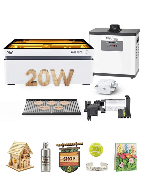 Vision 20W Laser Engraver Machine With AirGurad Pro Fume Extractor and accessories for engraving on various materials
