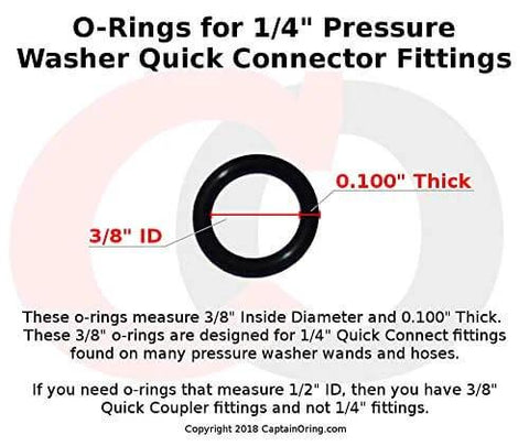 Heavy Duty High Temperature Viton FKM O Rings For 1/4 Inch Quick Connect Pressure Washer Couplers, 3/8 Inch Inside Diameter, 0.100 Inch Thick, chart and specifications.