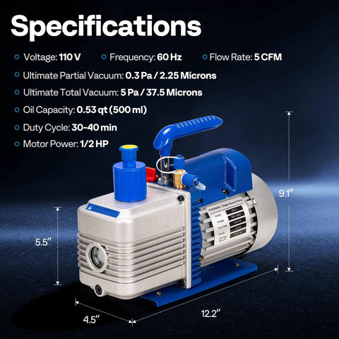 VIVOHOME 5 CFM 1/2 HP 2 Stage HVAC Vacuum Pump with specifications for R134a R12 R22 R502 R410a Systems and oil bottle