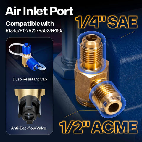 Air inlet port of VIVOHOME 5 CFM 1/2 HP 2 Stage HVAC Vacuum Pump for R134a R12 R22 R502 R410a Systems showing 1/4 SAE and 1/2 ACME