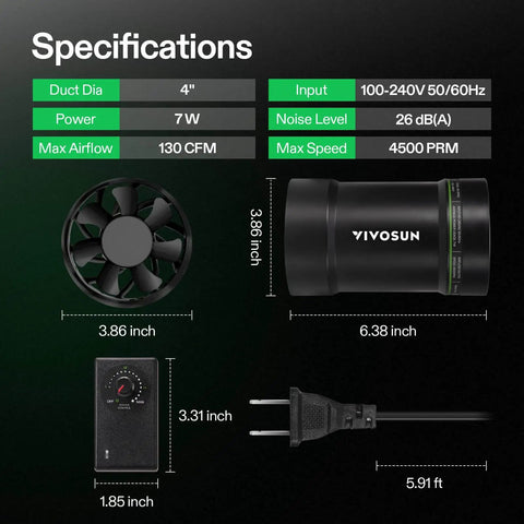4 Inch Inline Exhaust Fan With Speed Controller Delivers 130 CFM Of Pro Grade High Performance Ventilation And Low Noise Operation For Grow Tents Greenhouses Basements Bathrooms Kitchens Attics And Workshops VIVOSUN with specifications chart including dimensions and features.