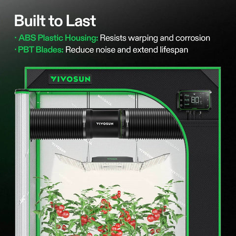 4 Inch Inline Exhaust Fan With Speed Controller Delivers 130 CFM Of Pro Grade High Performance Ventilation And Low Noise Operation For Grow Tents Greenhouses Basements Bathrooms Kitchens Attics And Workshops VIVOSUN, shown installed in grow tent with digital display.
