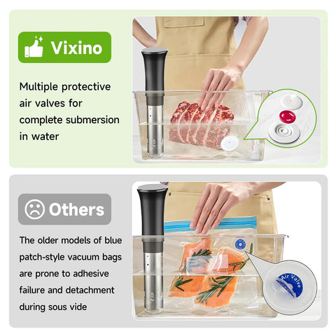 Vixino Vacuum Sealer Bags infographic with valve design for water submersion; two-panel comparison with older bags