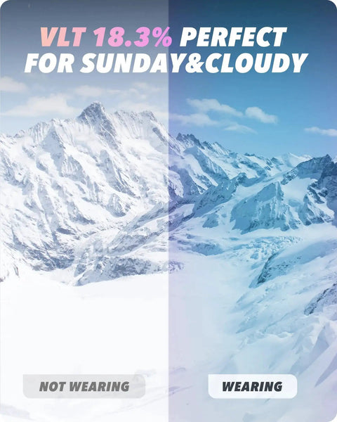 Comparison of snowy mountain view with and without OTG Ski Goggles With Anti Fog Lenses And UV Protection Dual Venting Red White.