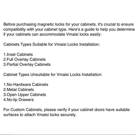 Guide highlighting cabinet types suitable and unsuitable for Vmaisi magnetic locks installation for safety.