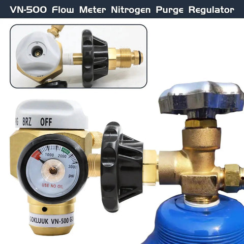 Nitrogen Purge Control Valve Regulator And Flow Meter Hybrid Design with brass body, VN-500, 500 psi capacity for precise leak testing.