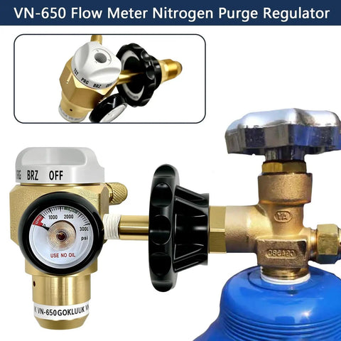 Nitrogen Purging Regulator VN650 With 650 PSI Flow Meter connected to gas valve, showing easy flow control knob and quarter-inch flare outlet.
