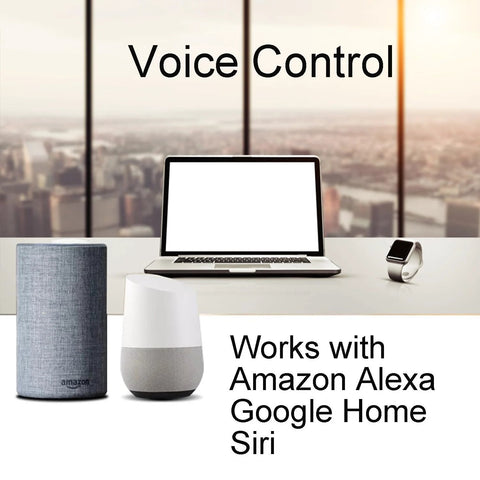 Voice-controlled smart home setup with Amazon Echo speaker, Google Home device, laptop, and smartwatch on a desk.