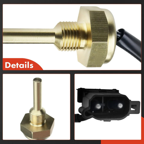 A-Premium coolant temperature sensor with brass threaded probe and black connector; detail shots