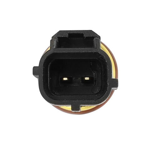 Engine coolant temperature sensor front view; black housing with brown body and two-pin connector.