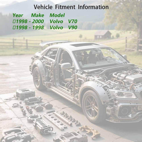 Disassembled Volvo vehicle with parts laid out for fitment information on models V70 1998-2000 and V90 1998.