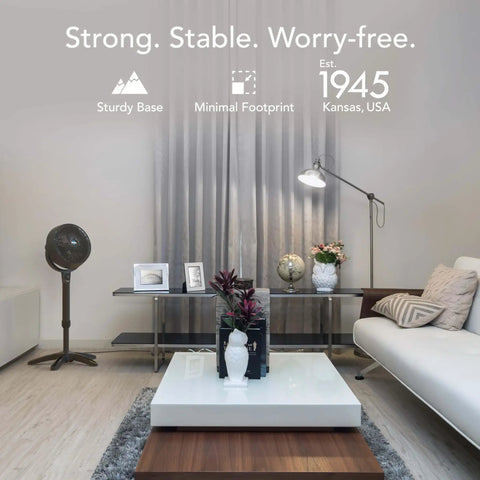 All Day Chill Pedestal Fan With Three Speed Control And Height Adjustable From 32 To 38 Inches Delivers Whole Room Air Circulation