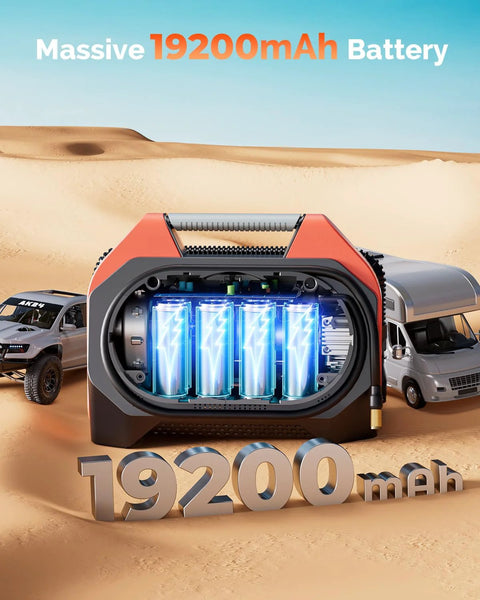 ETENWOLF VORTEX S6 tire inflator portable air compressor, orange with visible blue 19200mAh battery cells.