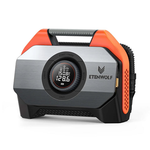 ETENWOLF VORTEX S6 portable tire inflator, cordless air compressor, orange and gray with digital gauge