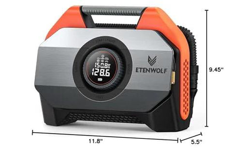 ETENWOLF VORTEX S6 tire inflator portable air compressor, cordless with 19200mAh battery, orange.