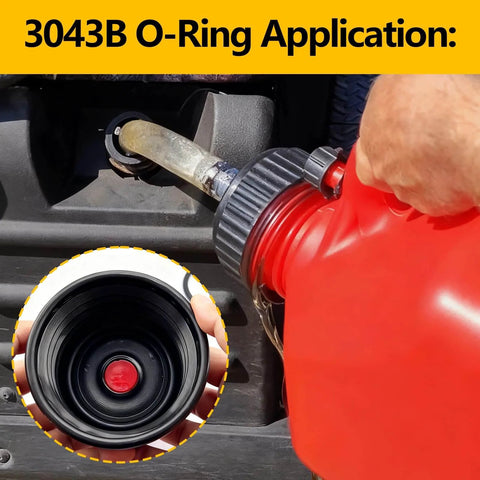10 Pack 3043B O Ring Replacement Set For VP Racing Fuels 3042 Utility Jug Caps shown sealing red fuel jug neck.