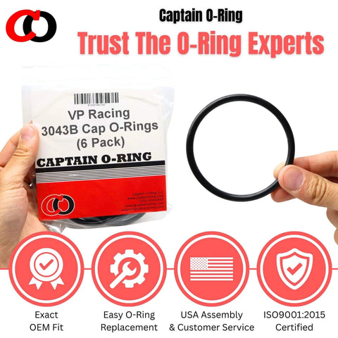 Six Pack Replacement 3043B O Rings For VP Racing Fuels 3042 Gas Can Caps shown in packaging and individual o-ring display