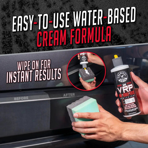 Applying VRP Vinyl Rubber And Plastic Dressing For Tires Trim And Surfaces 16 oz to car bumper with sponge for dry non-greasy shine