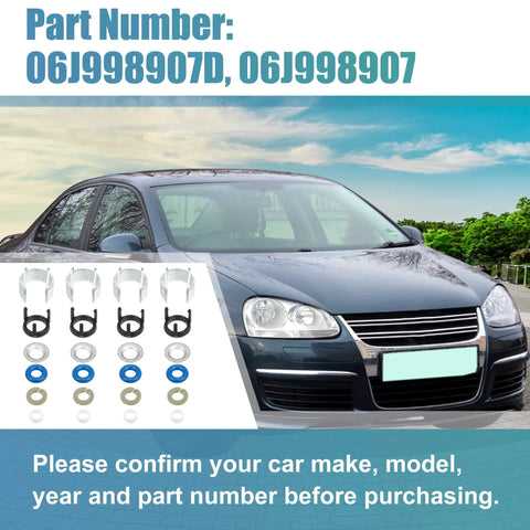 4 Piece Fuel Injector Seal Repair O Ring Kit With 06H998907A 06J998907 06G998907 and VW car in background