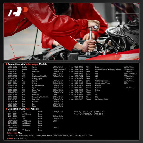 Mechanic installing Premium Plug N Play Vacuum Pump Replacement for Volkswagen and Audi vehicles, with compatibility chart.