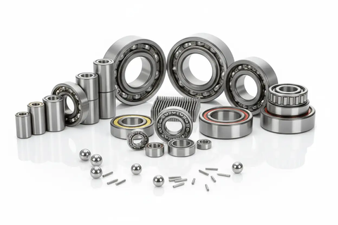 Various sealed and open ball bearings arranged on a white background, showcasing size and design for mechanical applications.