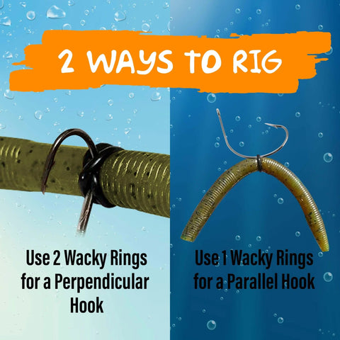 Two bass fishing setups using wacky rigging o-rings, shown with perpendicular and parallel hooks on soft plastic baits.