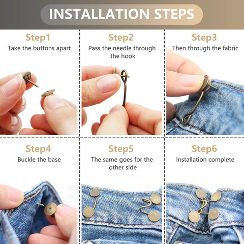 Installation steps for Eight Set Pant Waist Tightener Pins For Loose Jeans No Sewing Or Tools Reusable Waist Cincher Clips
