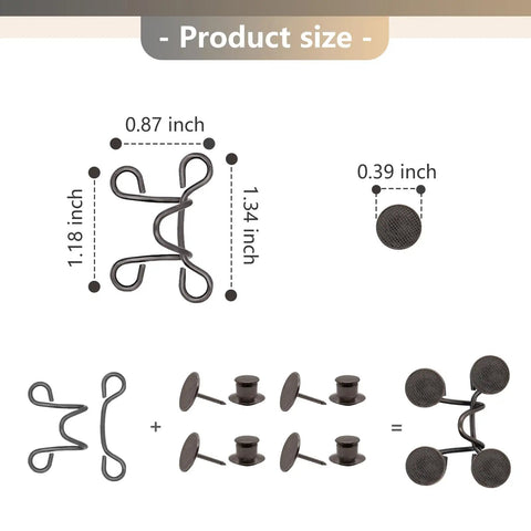 Eight Set Pant Waist Tightener Pins For Loose Jeans No Sewing Or Tools Reusable Waist Cincher Clips with dimensions shown