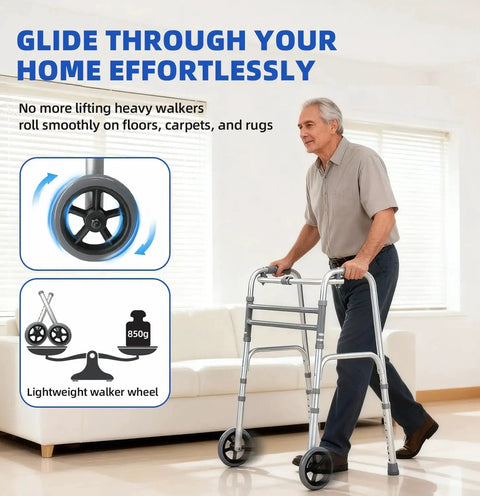 Replacement Heavy Duty Aluminum Caster Wheels For Standard Walker Aids With Non Slip Foot Pads, wheels shown on walker
