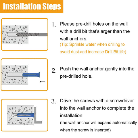 Installation steps for #10-12 Wall Anchors and Screws Kit 220pcs with Plastic Anchors and Galvanized Screws, Includes Drill Bit and Storage Box