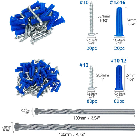 Wall Anchors and Screws Assortment Kit with Drill Bits for Concrete and Drywall, includes anchors, screws, and drill bits, 200-piece set.