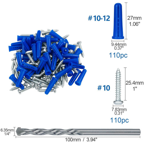 #10-12 Wall Anchors and Screws Kit 220pcs with Plastic Anchors and Galvanized Screws, Includes Drill Bit and Storage Box