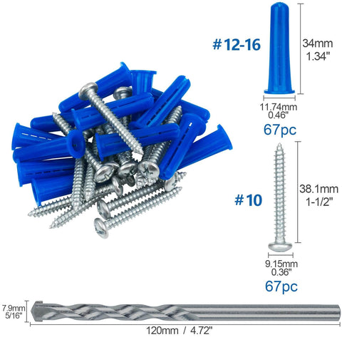 #12-16 Wall Anchors and Screws Kit 134pcs with Plastic Concrete Anchors and Galvanized Wood Screws, Includes Drill Bit and Storage Box