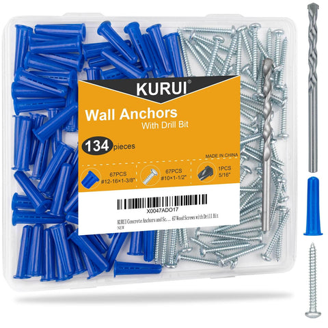 #12-16 Wall Anchors and Screws Kit 134pcs with Plastic Concrete Anchors and Galvanized Wood Screws, Includes Drill Bit and Storage Box