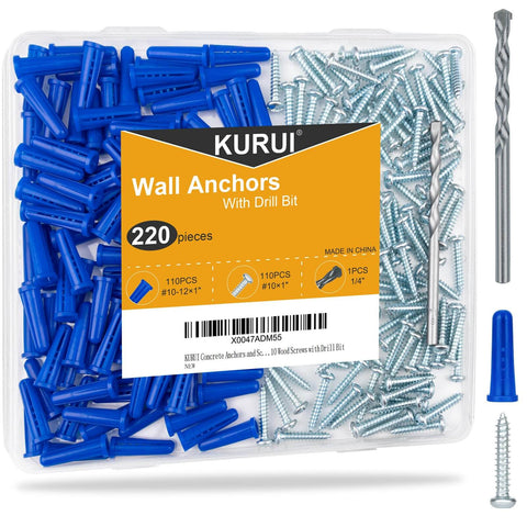 #10-12 Wall Anchors and Screws Kit 220pcs with Plastic Anchors and Galvanized Screws, Includes Drill Bit and Storage Box