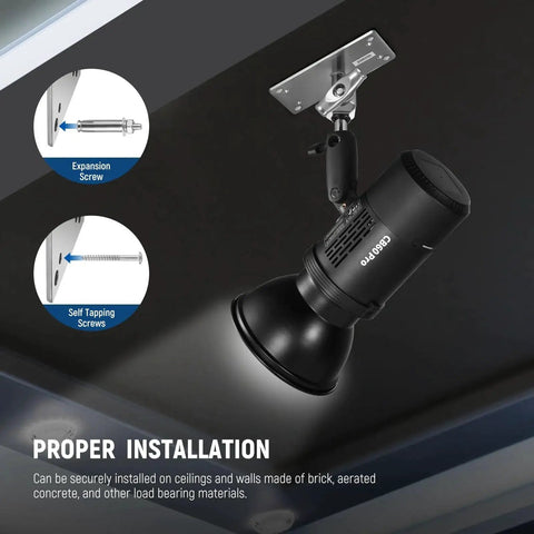 Wall And Ceiling Mount Bracket With Five Eighth Inch Stud And 360 Degree Swivel Ball Head For Ring Light Video Light Or Strobe Includes Ten Screws Heavy Duty Iron Construction Max Load 22 Lb Model ST WM2 installed with screws on ceiling