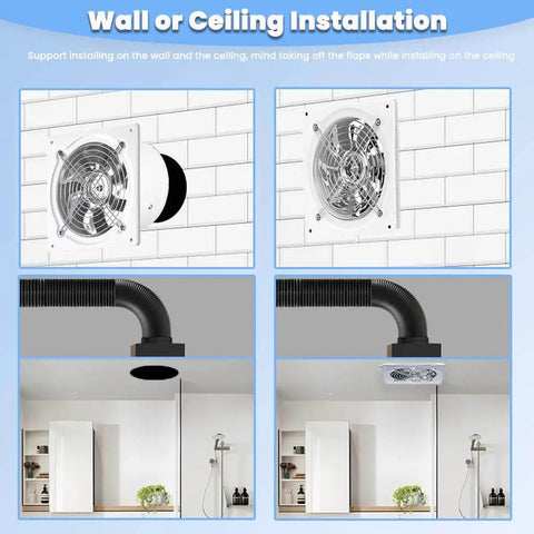Beefy 8 Inch Exhaust Fan 735 CFM Wall Mounted Ventilation Blower shown installed on wall and ceiling for multiple uses