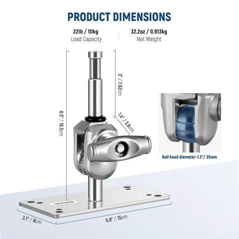 Wall And Ceiling Mount Bracket With Five Eighth Inch Stud And 360 Degree Swivel Ball Head For Ring Light Video Light Or Strobe Includes Ten Screws Heavy Duty Iron Construction Max Load 22 Lb Model ST WM2 shown with dimensions