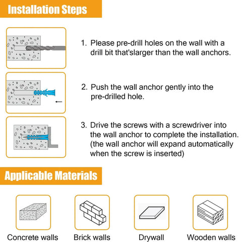 Installation steps for 510Pcs Wall Hanging Kit with Anchors and Screws on concrete, brick, drywall, and wooden walls.