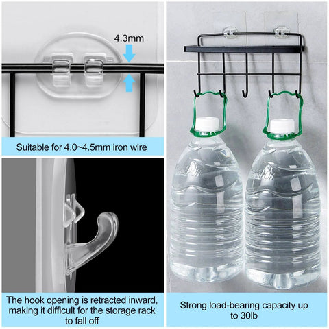 Close-up of hooks and wire rack holding two bottles, showing hardware design for 30 lb capacity.