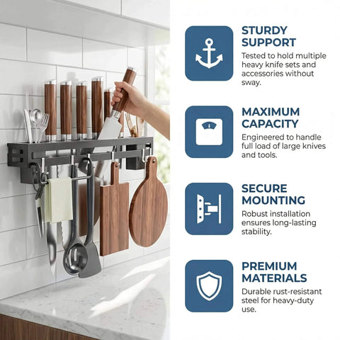 Wall Mount Utensil Rack, 15.7inch Kitchen Utensil Hanger with stainless hooks holding kitchen tools against a tiled wall.