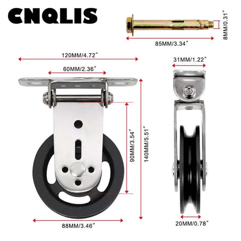 Front and side view of Gym Pulley Blocks,3.46in/90mm Wall Mount Fixed Pulley Wheel Rotation 180 Degree,for Gym System