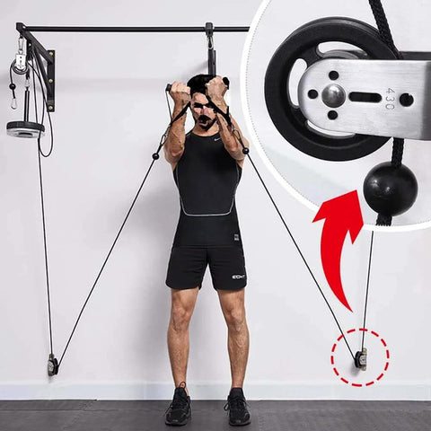 Gym Pulley Blocks,3.46in/90mm Wall Mount Fixed Pulley Wheel Rotation 180 Degree in use with man exercising, close-up inset