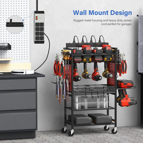 Grey Heavy Duty Power Strip Surge Protector 20 Amp With Eight Outlets mounted on garage pegboard near tools and equipment